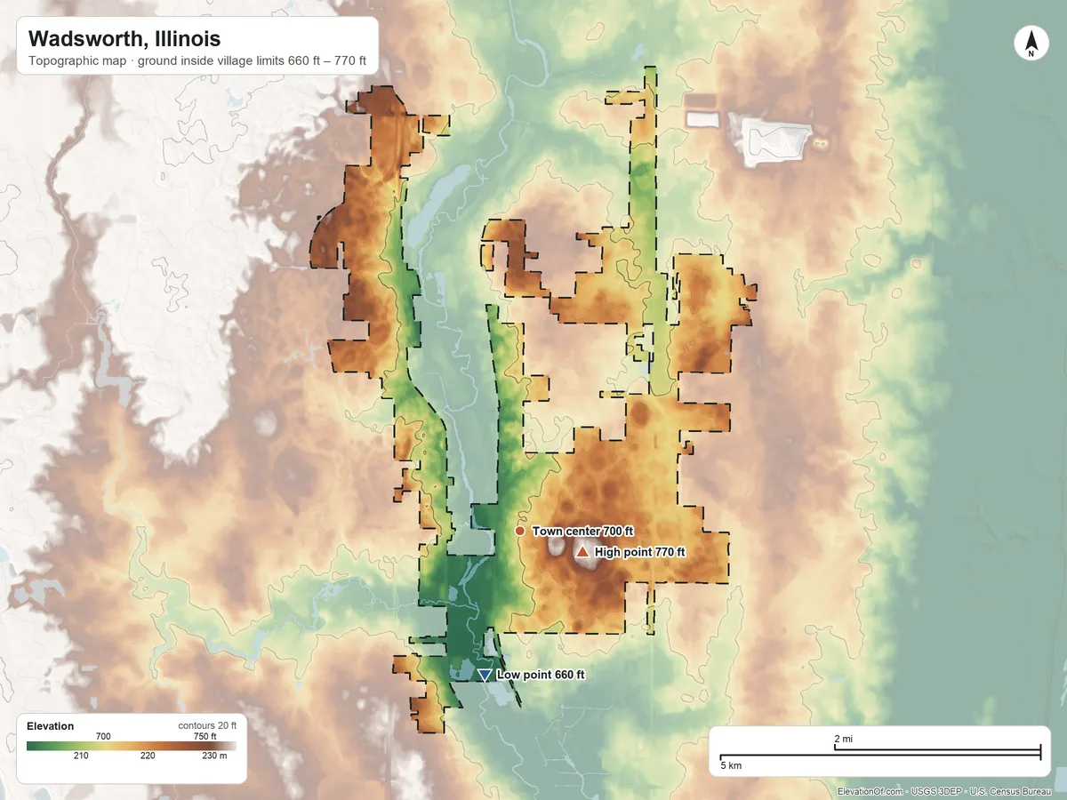 Topographic elevation map of Wadsworth, Illinois, shaded from 660 ft on the south side to 770 ft on Leahy Hill