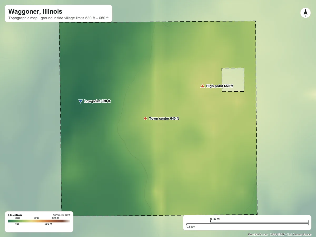 Topographic elevation map of Waggoner, Illinois, shaded from 630 ft on the west side to 650 ft on the northeast side