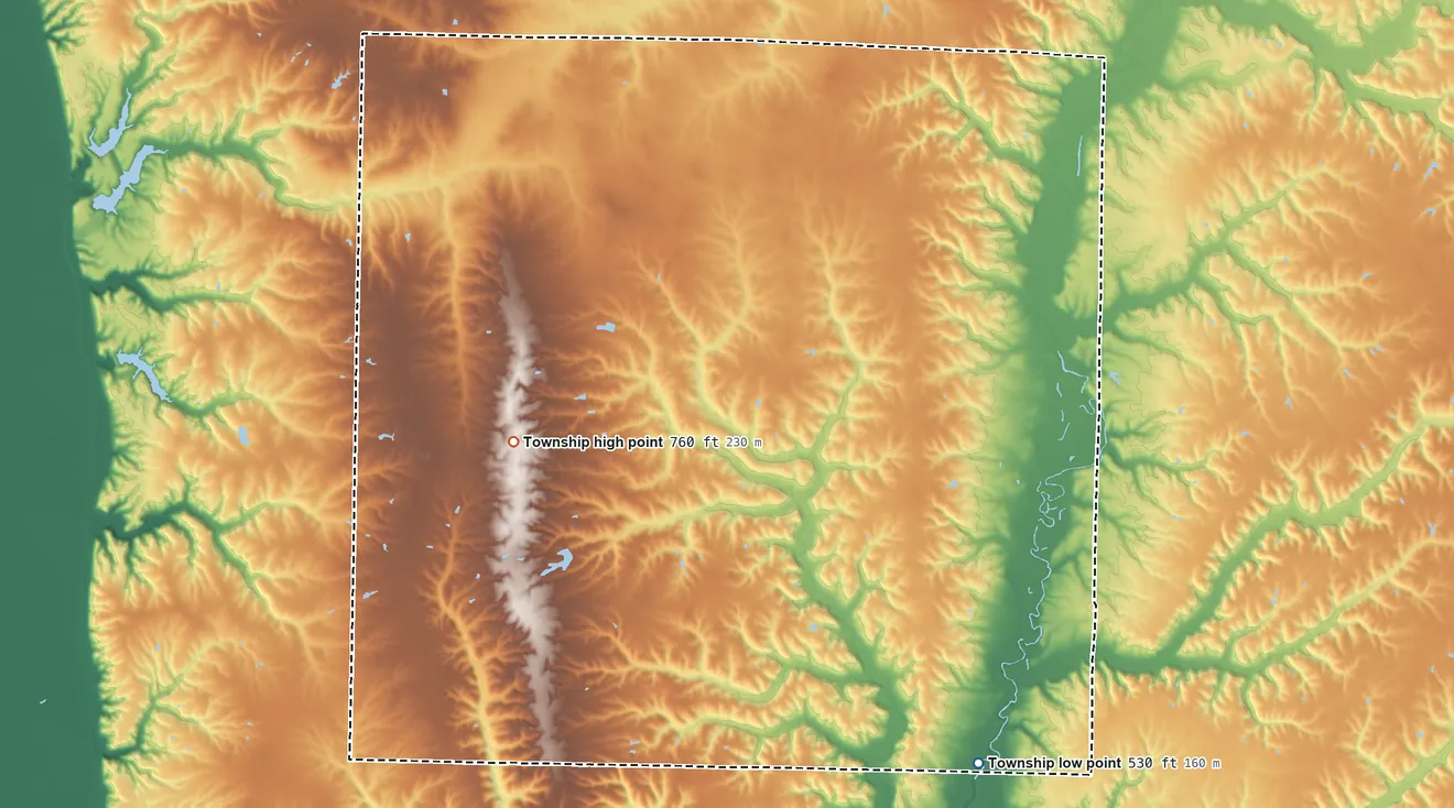 Topographic elevation map of Walker Township, Illinois, shaded from 530 ft on the southeast side to 760 ft near the middle