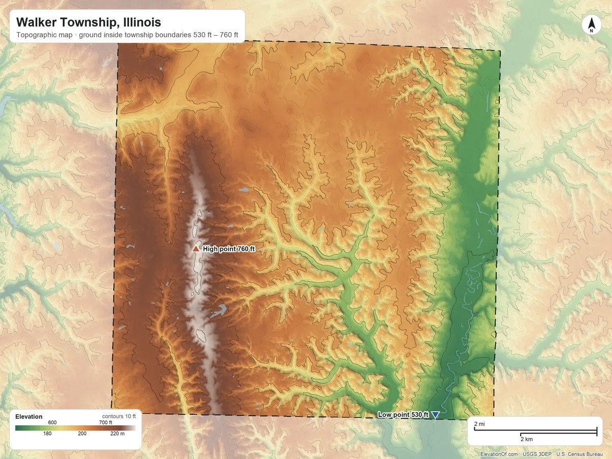 Topographic elevation map of Walker Township, Illinois, shaded from 530 ft on the southeast side to 760 ft near the middle