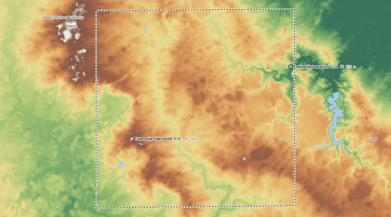 Topographic elevation map of Wall Township, Illinois, shaded from 730 ft on the northeast side to 810 ft on the west side