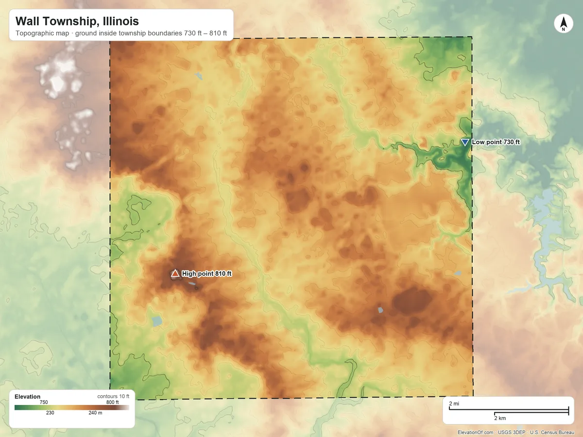 Topographic elevation map of Wall Township, Illinois, shaded from 730 ft on the northeast side to 810 ft on the west side