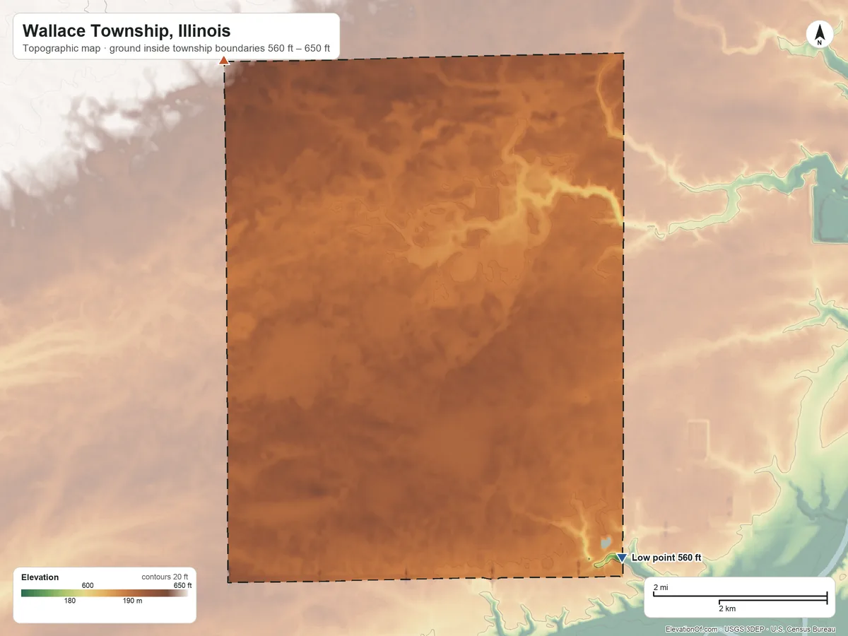 Topographic elevation map of Wallace Township, Illinois, shaded from 560 ft on the southeast side to 650 ft on the northwest side