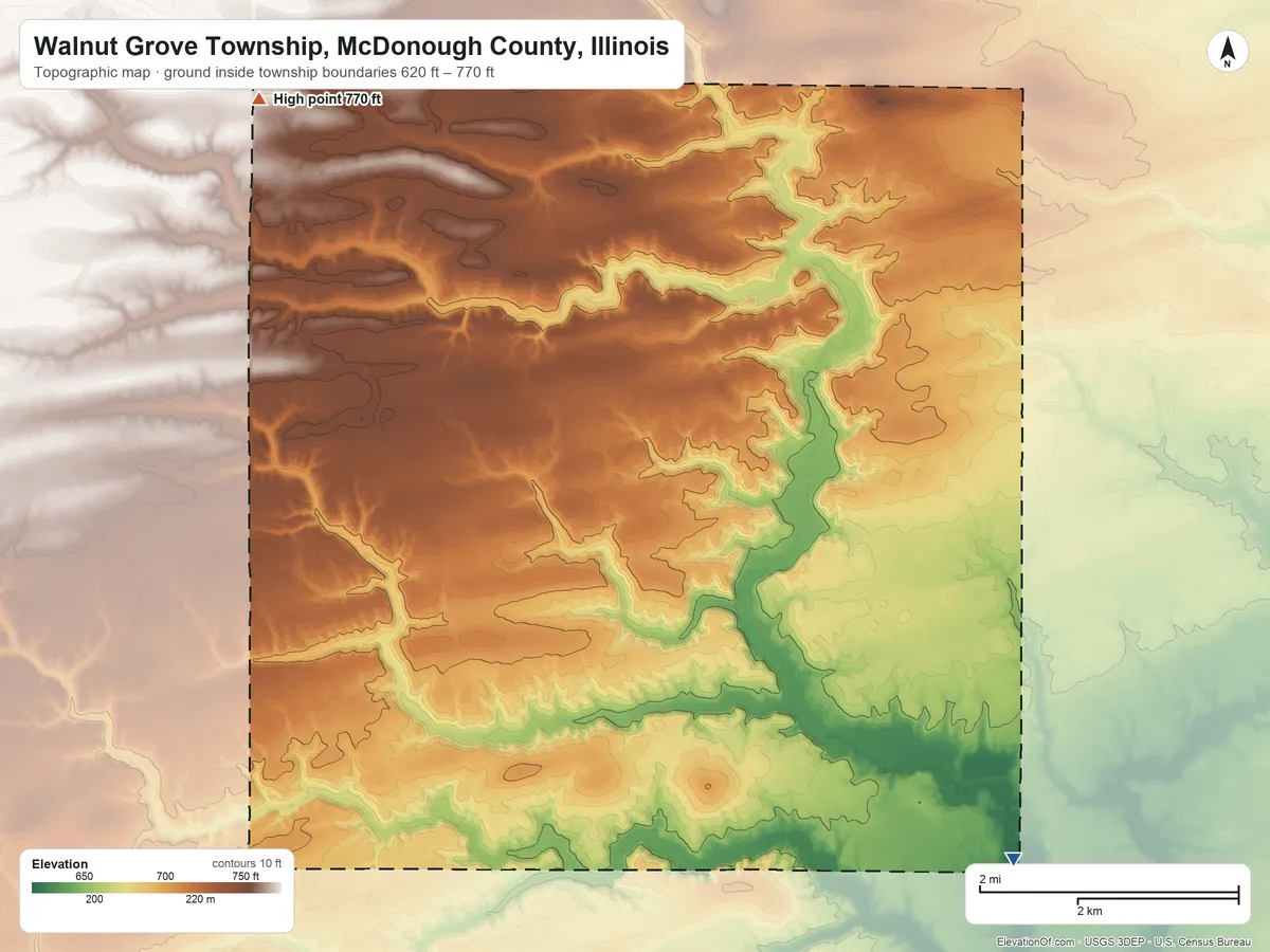 Topographic elevation map of Walnut Grove Township, McDonough County, Illinois, shaded from 620 ft on the southeast side to 770 ft on the northwest side