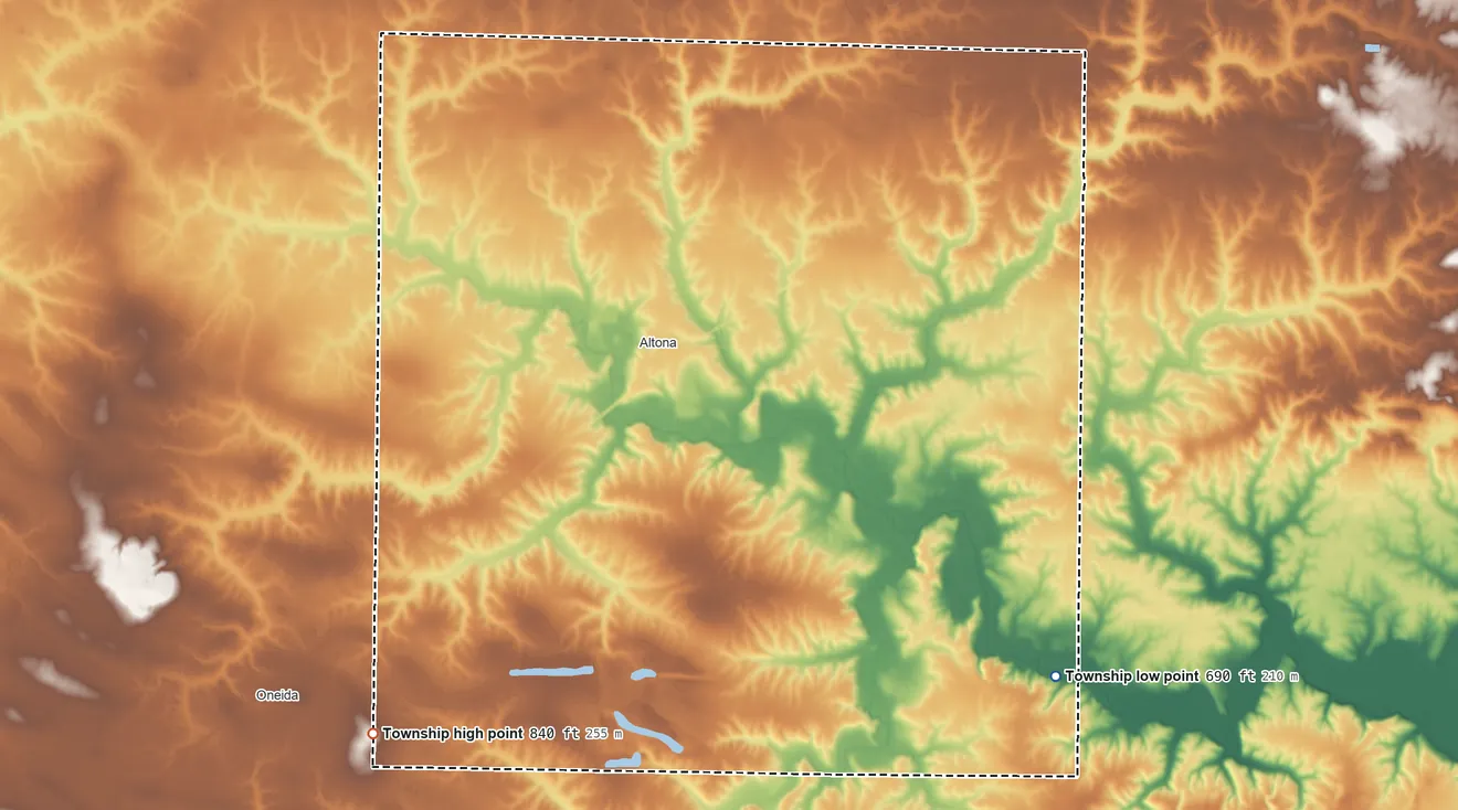 Topographic elevation map of Walnut Grove Township, Illinois, shaded from 690 ft on the southeast side to 840 ft on the southwest side