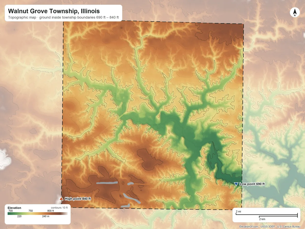 Topographic elevation map of Walnut Grove Township, Illinois, shaded from 690 ft on the southeast side to 840 ft on the southwest side