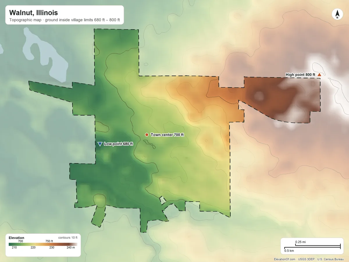 Topographic elevation map of Walnut, Illinois, shaded from 680 ft on the west side to 800 ft on the east side