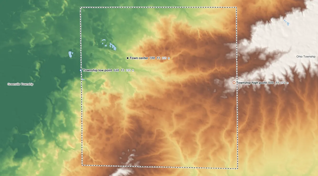 Topographic elevation map of Walnut Township, Illinois, shaded from 640 ft on the west side to 880 ft on the east side