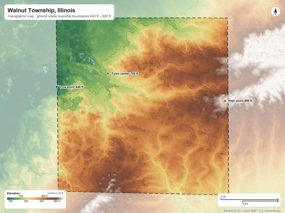 Topographic elevation map of Walnut Township, Illinois, shaded from 640 ft on the west side to 880 ft on the east side