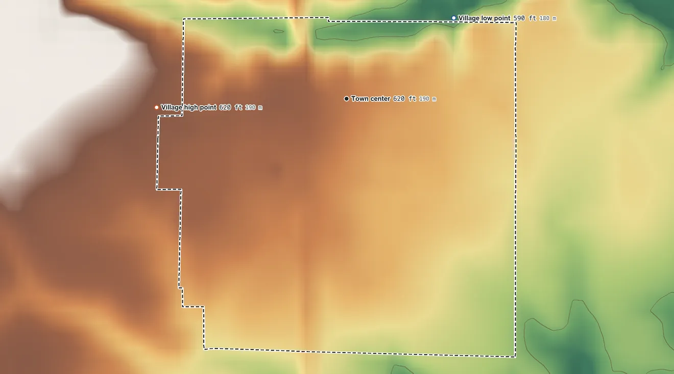 Topographic elevation map of Walshville, Illinois, shaded from 590 ft on the northeast side to 620 ft on the west side