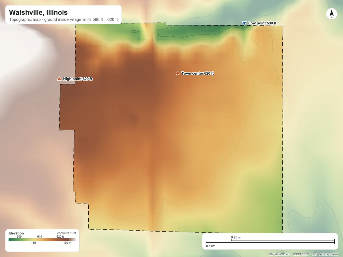 Topographic elevation map of Walshville, Illinois, shaded from 590 ft on the northeast side to 620 ft on the west side