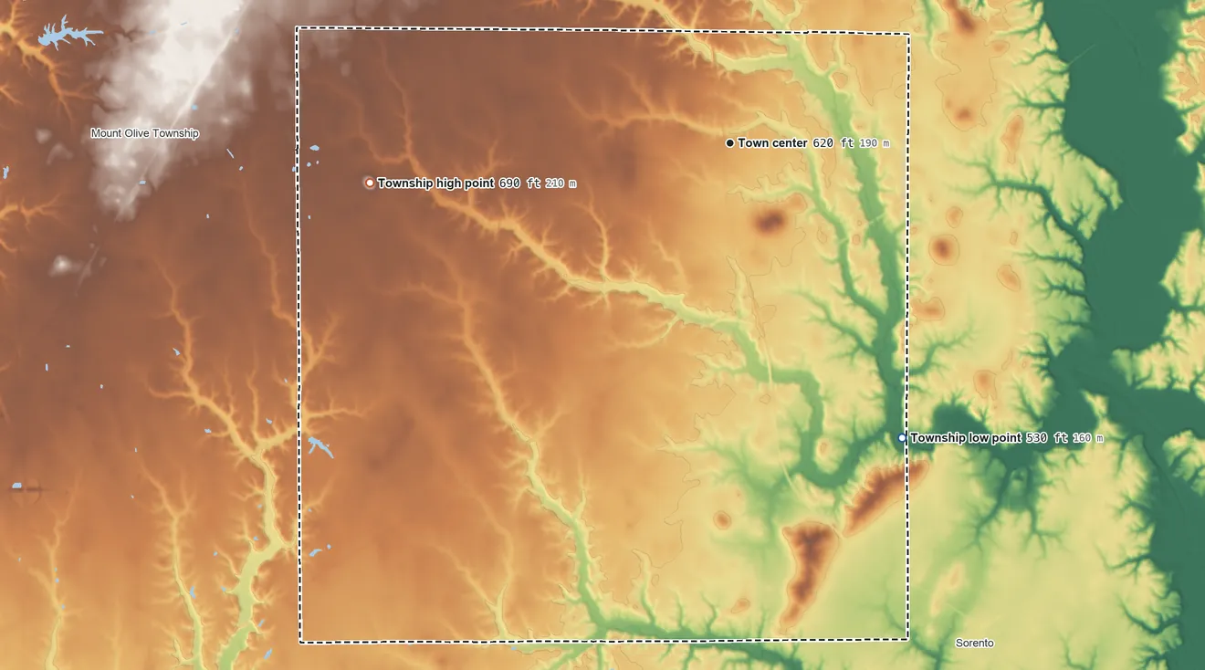 Topographic elevation map of Walshville Township, Illinois, shaded from 530 ft on the southeast side to 690 ft on the west side
