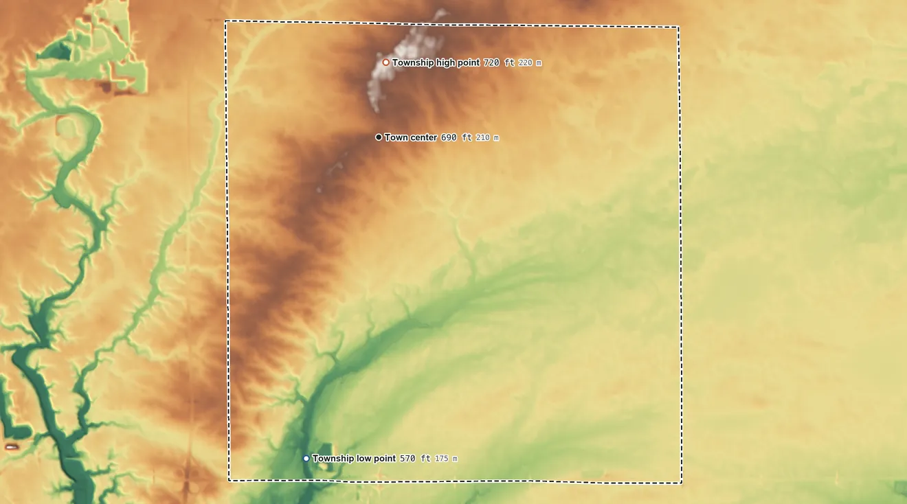 Topographic elevation map of Waltham Township, Illinois, shaded from 570 ft on the south side to 720 ft on the north side