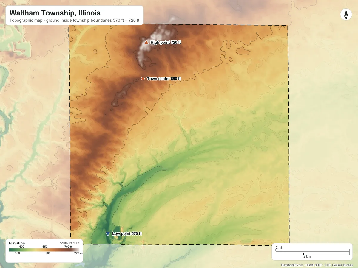 Topographic elevation map of Waltham Township, Illinois, shaded from 570 ft on the south side to 720 ft on the north side