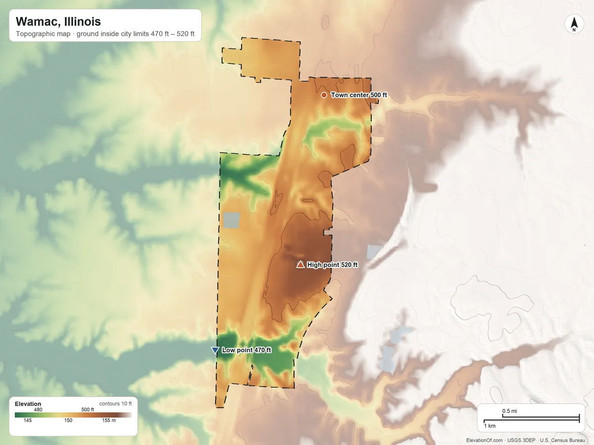 Topographic elevation map of Wamac, Illinois, shaded from 470 ft on the southwest side to 520 ft on the south side