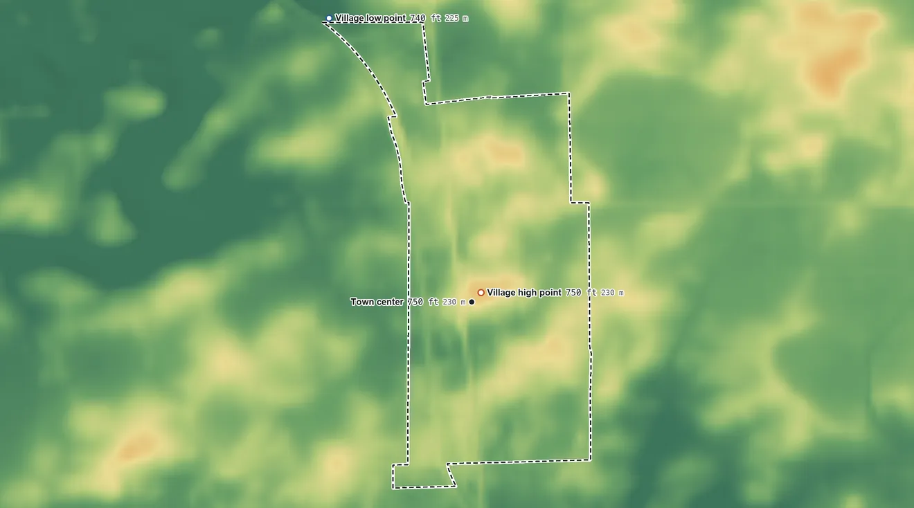 Topographic elevation map of Wapella, Illinois, shaded from 740 ft on the northwest side to 750 ft near the middle