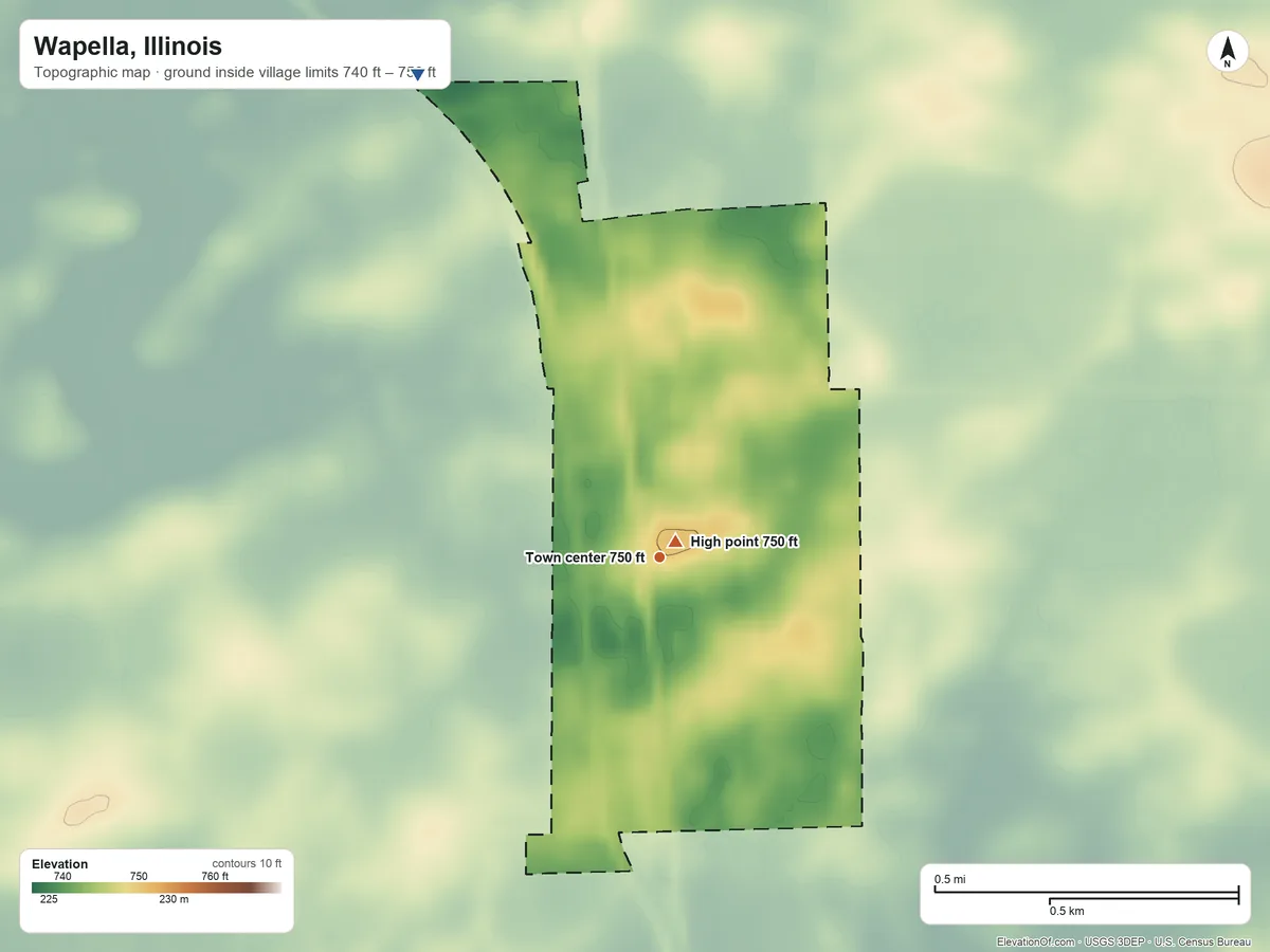 Topographic elevation map of Wapella, Illinois, shaded from 740 ft on the northwest side to 750 ft near the middle