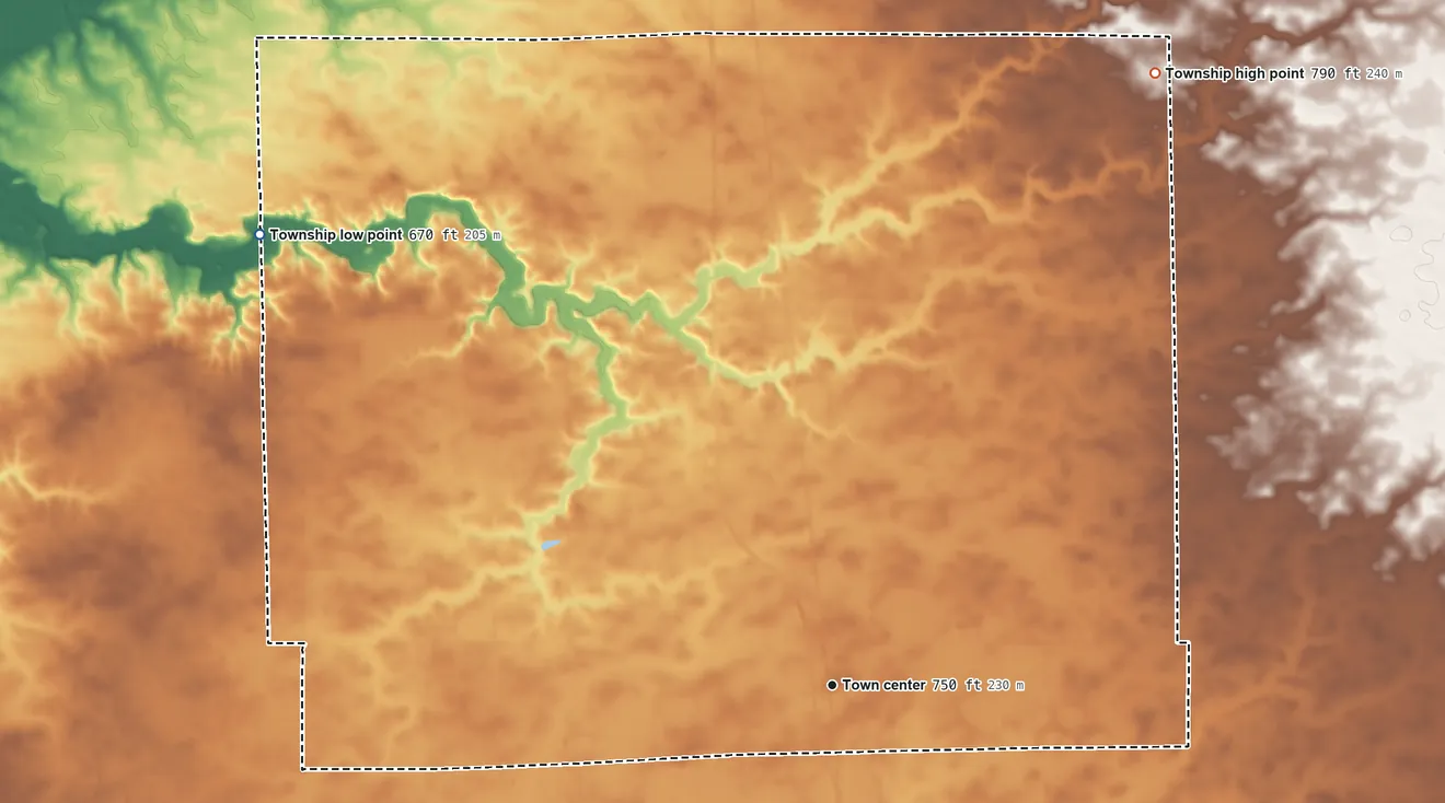 Topographic elevation map of Wapella Township, Illinois, shaded from 670 ft on the northwest side to 790 ft on the northeast side