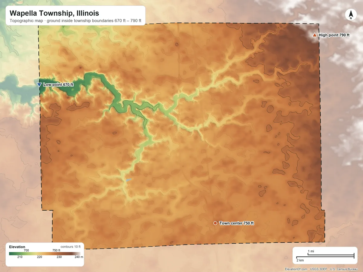Topographic elevation map of Wapella Township, Illinois, shaded from 670 ft on the northwest side to 790 ft on the northeast side