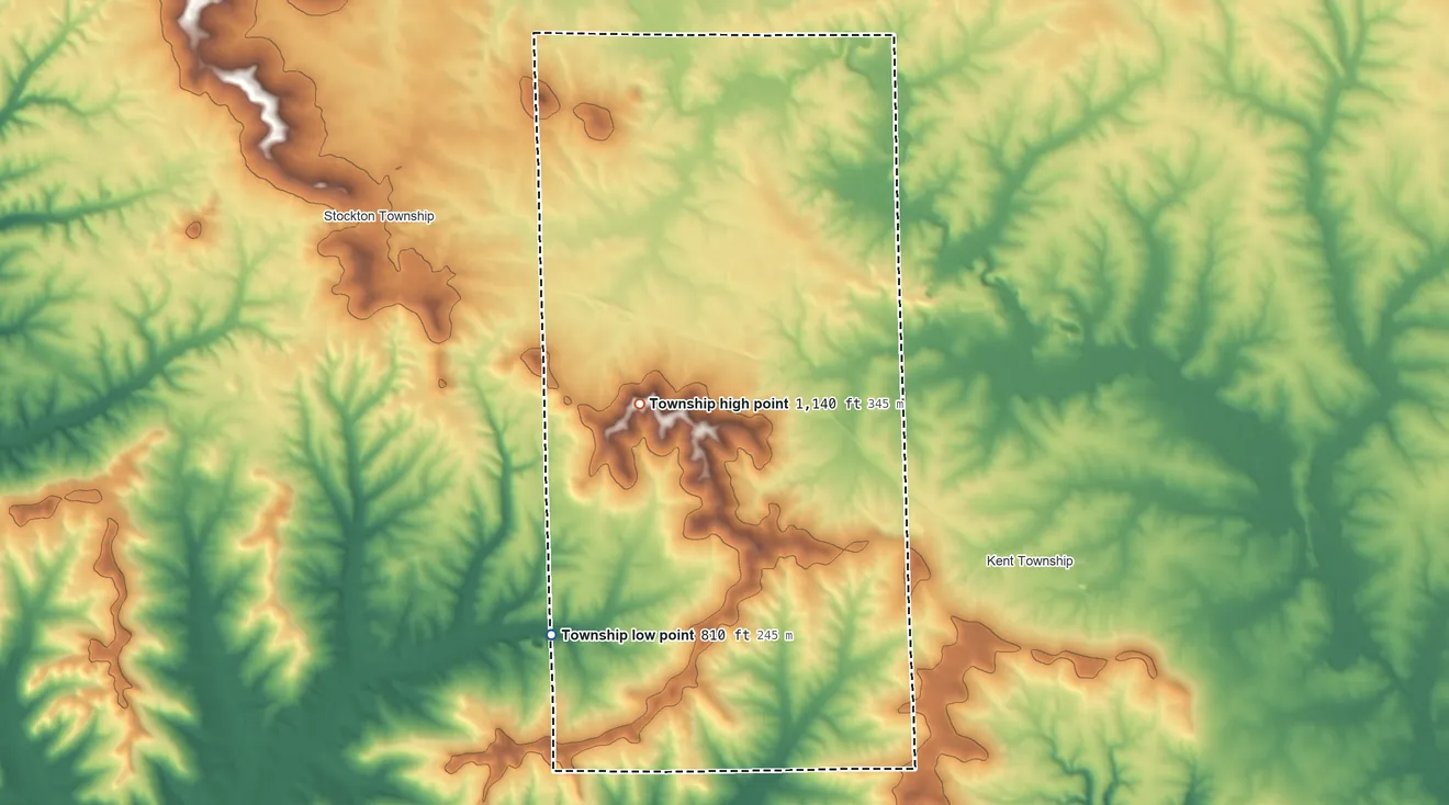 Topographic elevation map of Wards Grove Township, Illinois, shaded from 810 ft on the southwest side to 1,140 ft on the west side