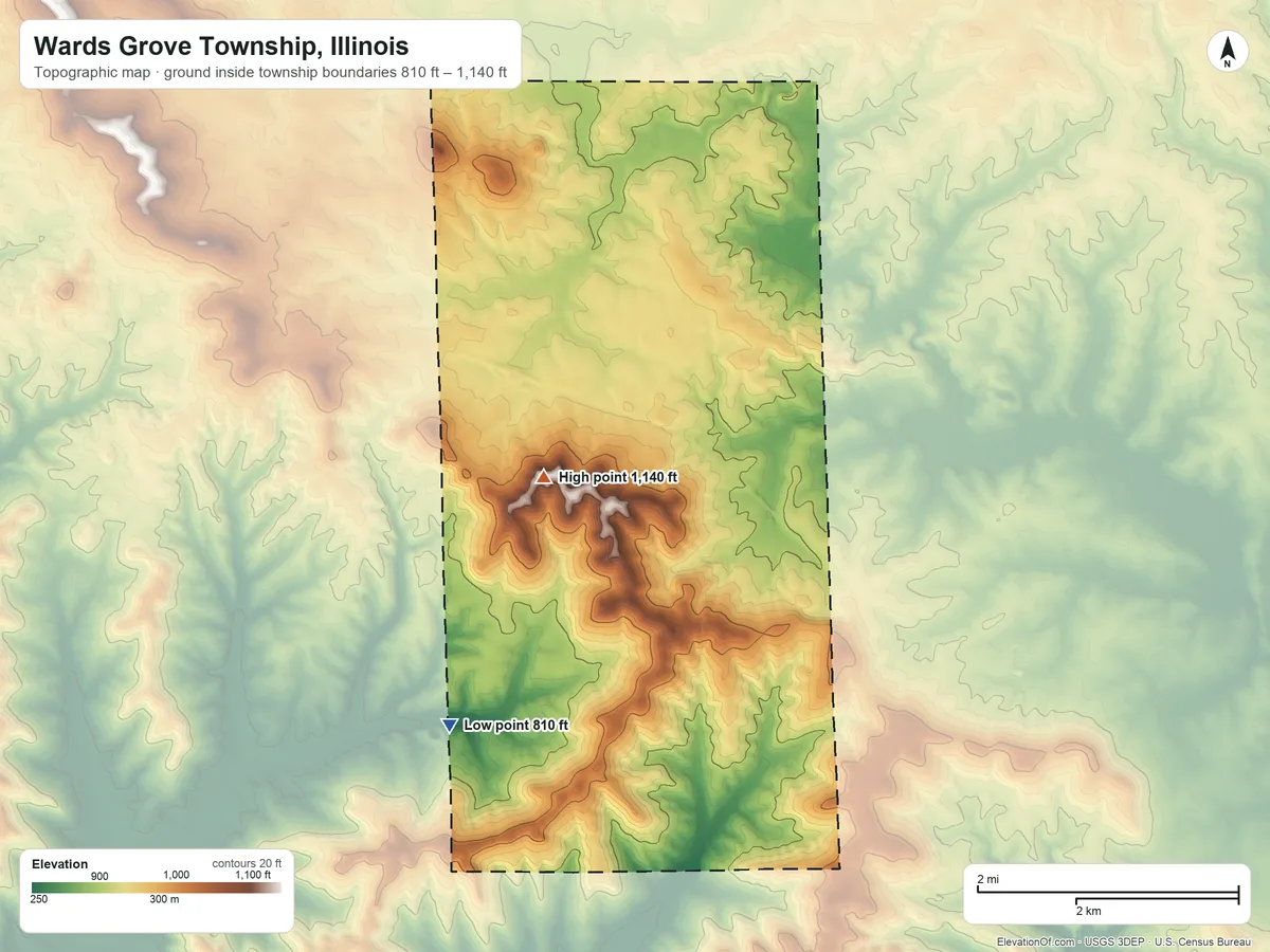 Topographic elevation map of Wards Grove Township, Illinois, shaded from 810 ft on the southwest side to 1,140 ft on the west side