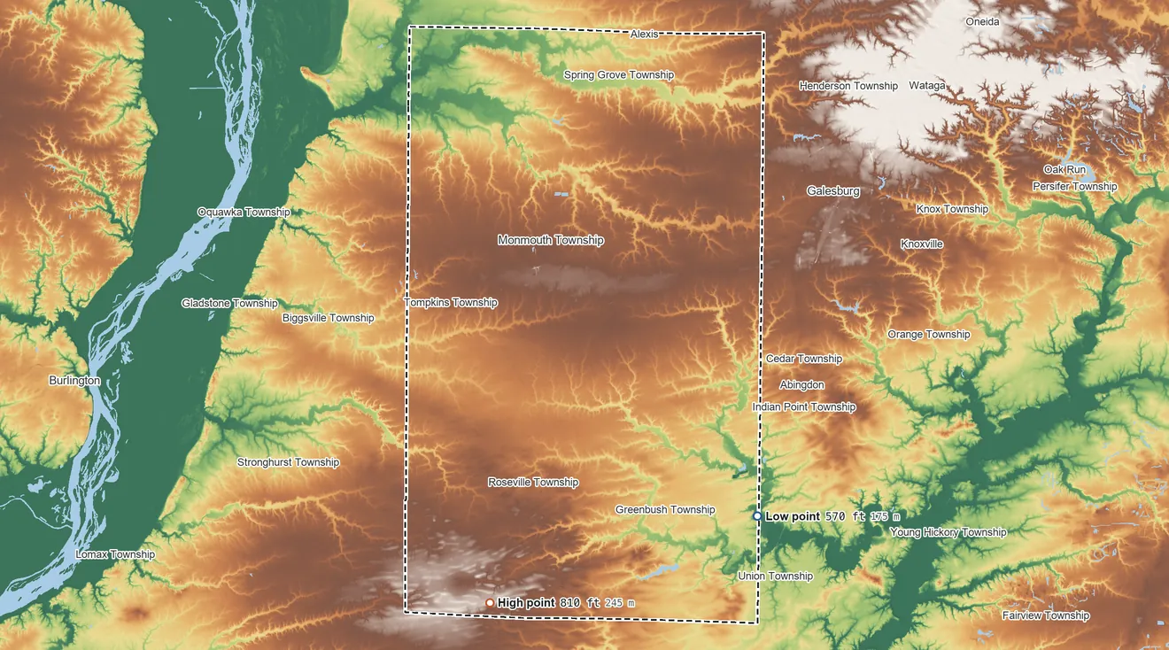 Topographic elevation map of Warren County, Illinois, shaded from 570 ft on the southeast side to 810 ft on the south side