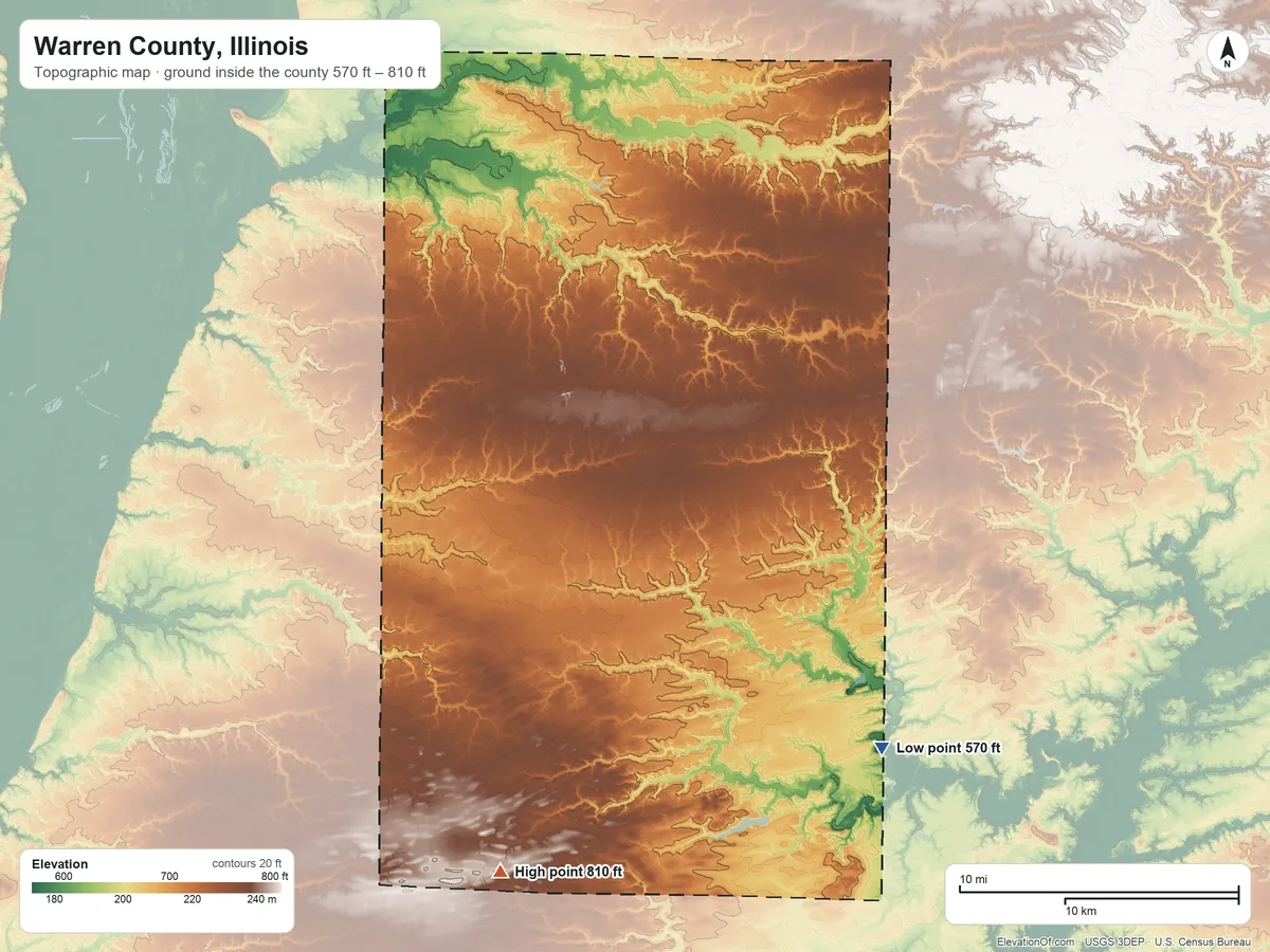 Topographic elevation map of Warren County, Illinois, shaded from 570 ft on the southeast side to 810 ft on the south side