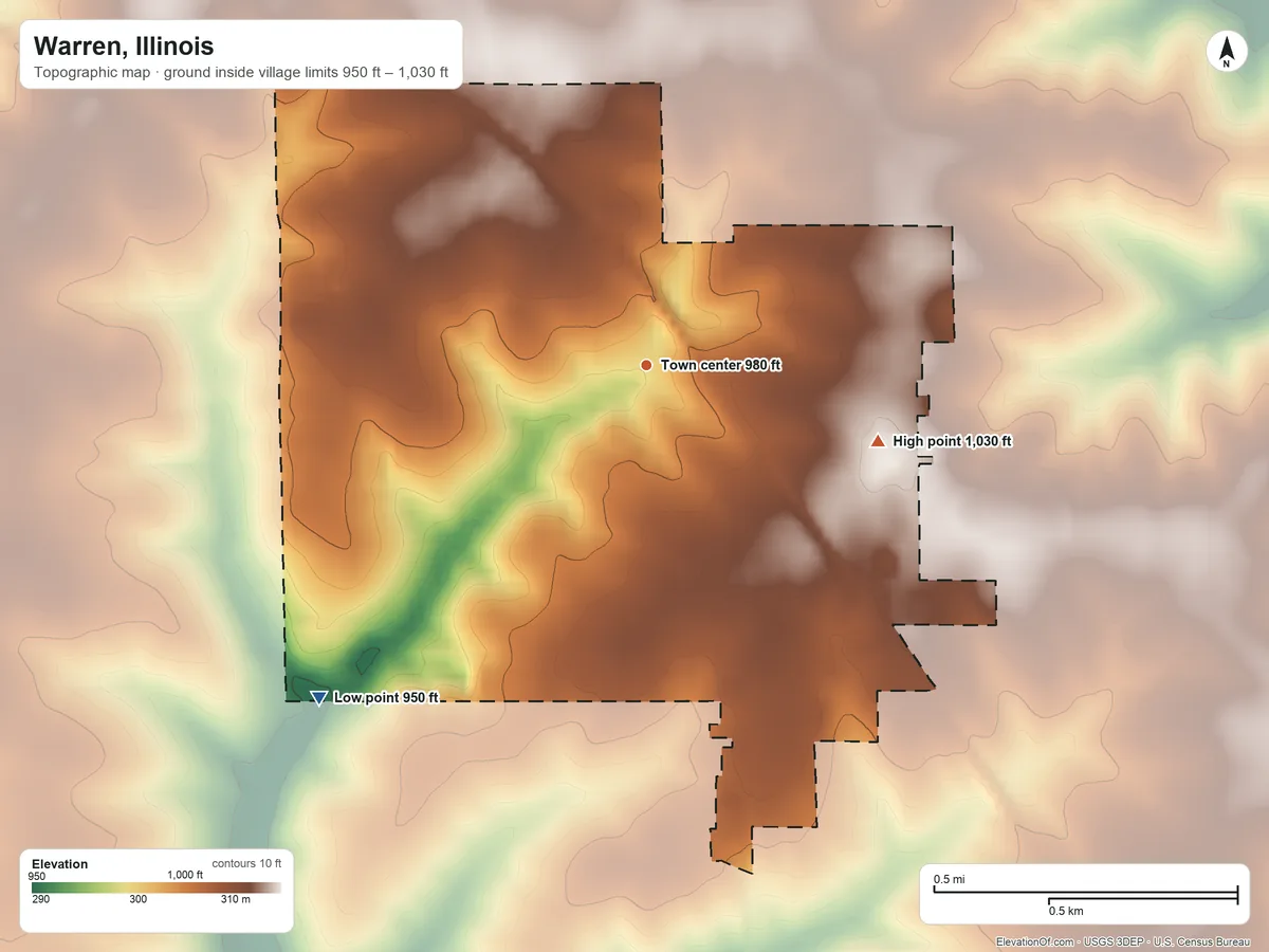 Topographic elevation map of Warren, Illinois, shaded from 950 ft on the southwest side to 1,030 ft on the east side