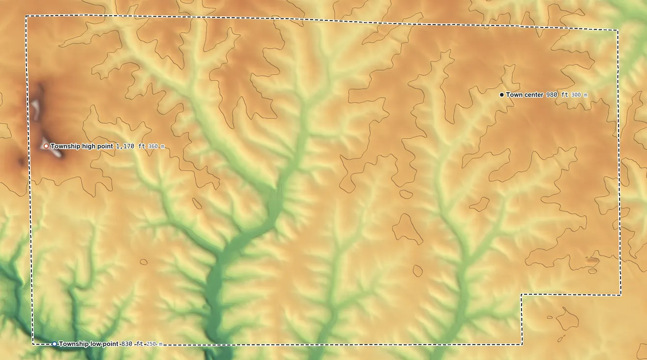 Topographic elevation map of Warren Township, Jo Daviess County, Illinois, shaded from 830 ft on the southwest side to 1,170 ft on the west side