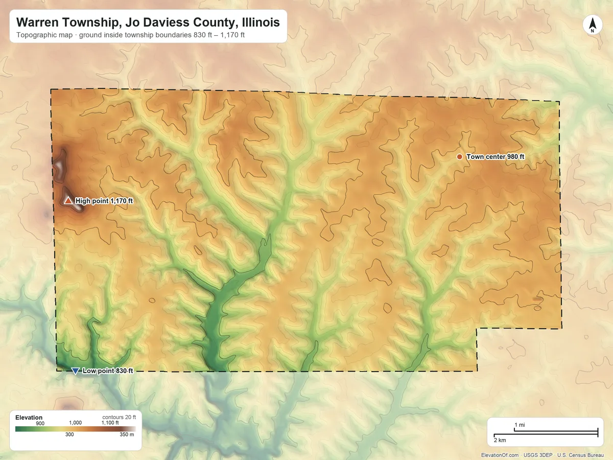 Topographic elevation map of Warren Township, Jo Daviess County, Illinois, shaded from 830 ft on the southwest side to 1,170 ft on the west side