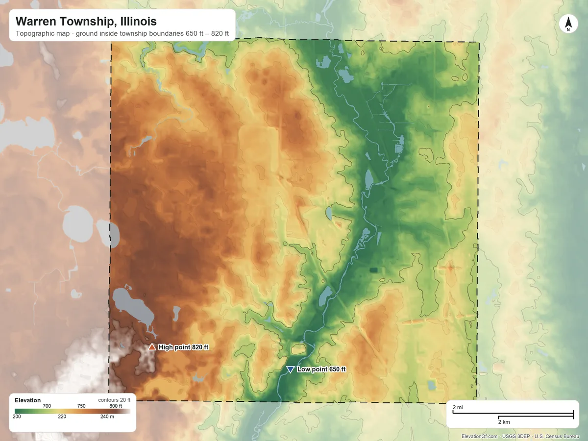 Topographic elevation map of Warren Township, Illinois, shaded from 650 ft on the south side to 820 ft on the southwest side