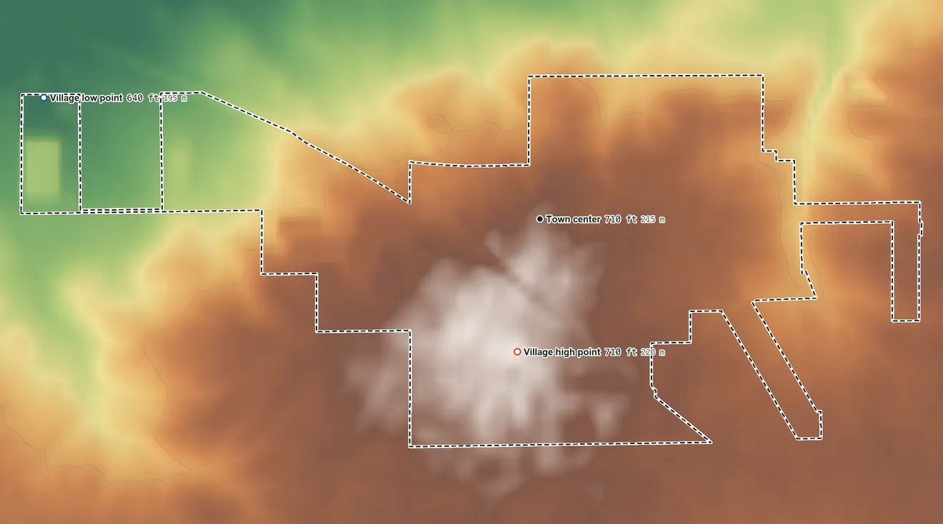 Topographic elevation map of Warrensburg, Illinois, shaded from 640 ft on the west side to 710 ft on the south side