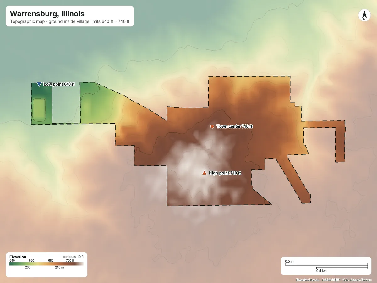 Topographic elevation map of Warrensburg, Illinois, shaded from 640 ft on the west side to 710 ft on the south side