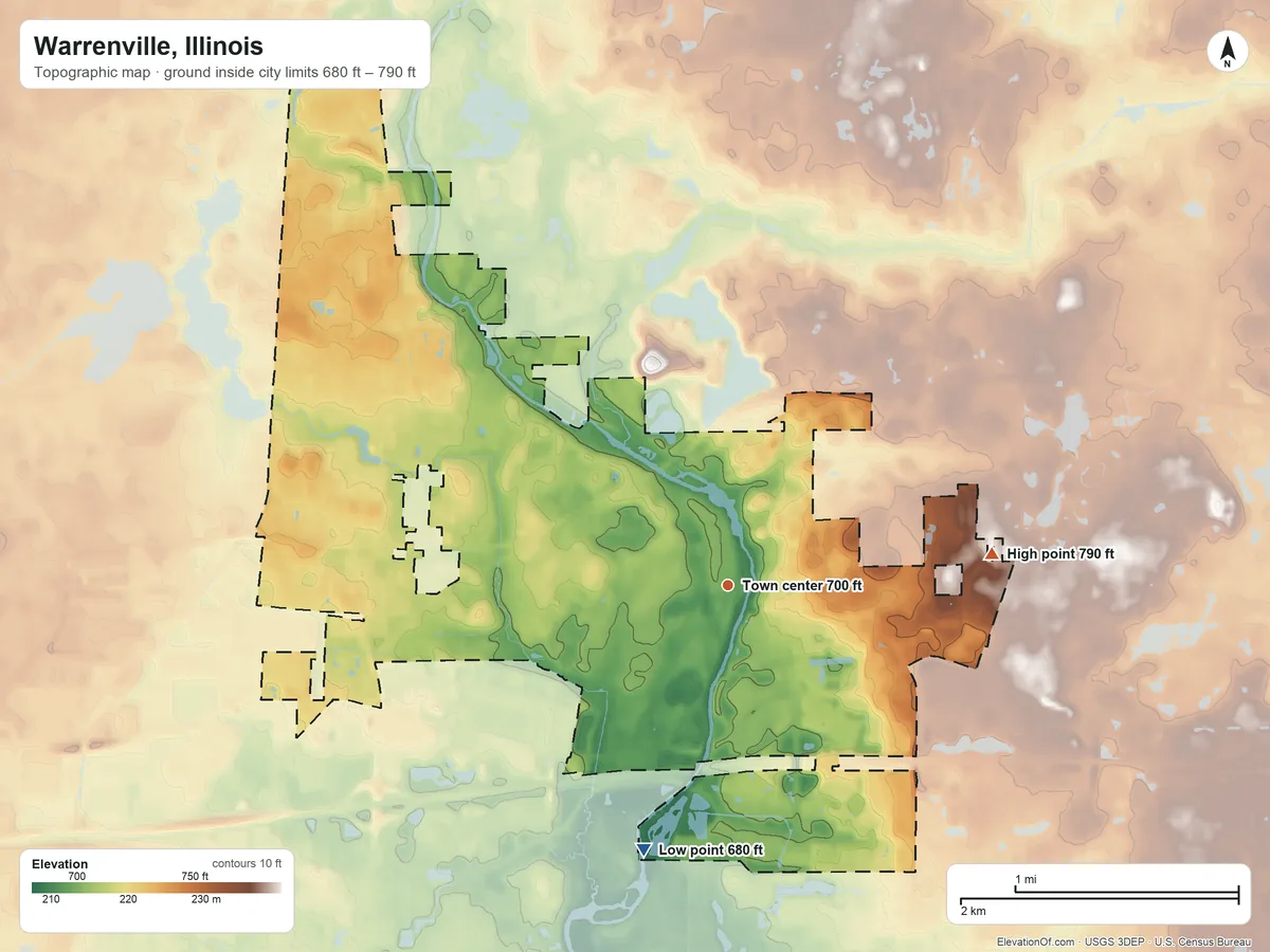 Topographic elevation map of Warrenville, Illinois, shaded from 680 ft on the south side to 790 ft on the east side