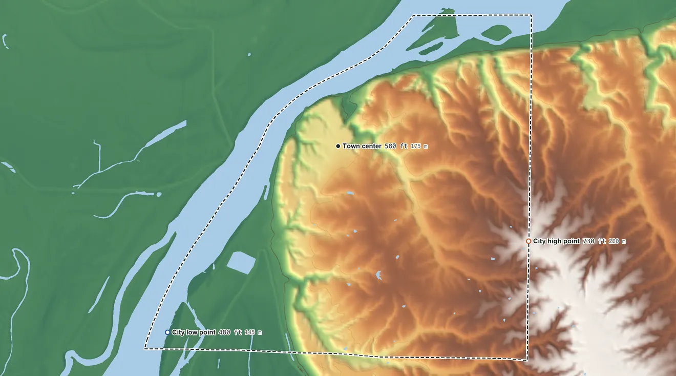 Topographic elevation map of Warsaw, Illinois, shaded from 480 ft on the southwest side to 730 ft on the southeast side