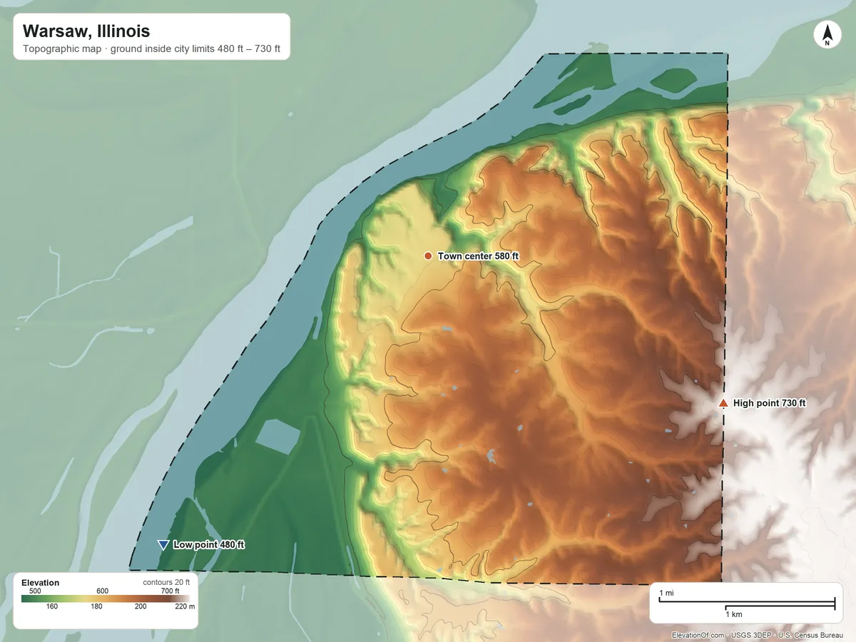 Topographic elevation map of Warsaw, Illinois, shaded from 480 ft on the southwest side to 730 ft on the southeast side