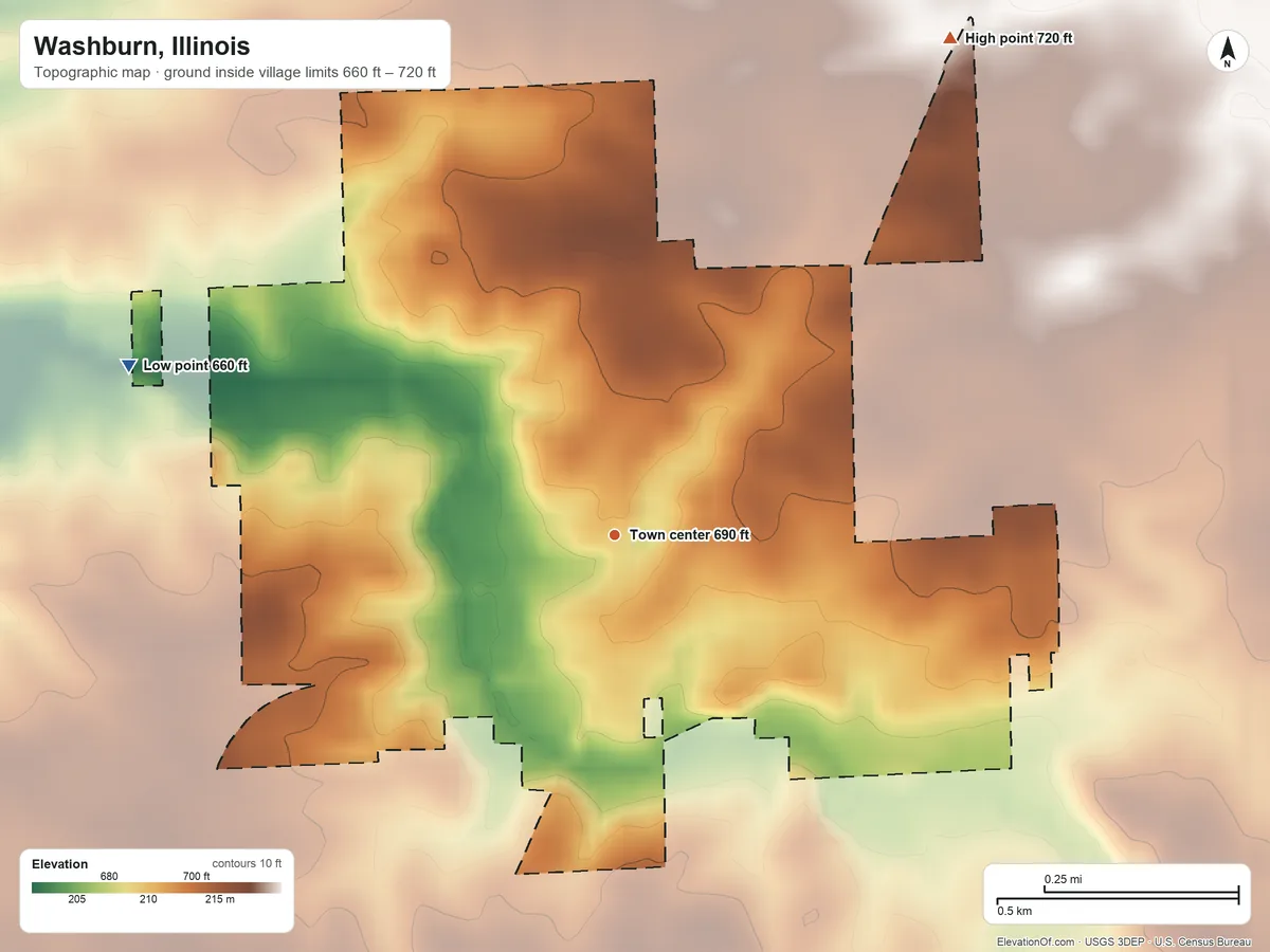 Topographic elevation map of Washburn, Illinois, shaded from 660 ft on the west side to 720 ft on the northeast side