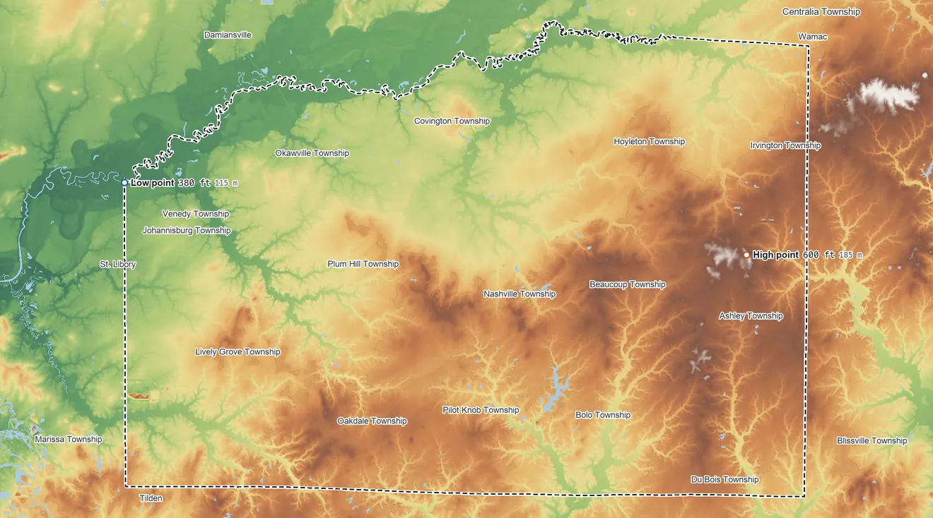 Topographic elevation map of Washington County, Illinois, shaded from 380 ft on the west side to 600 ft on the east side