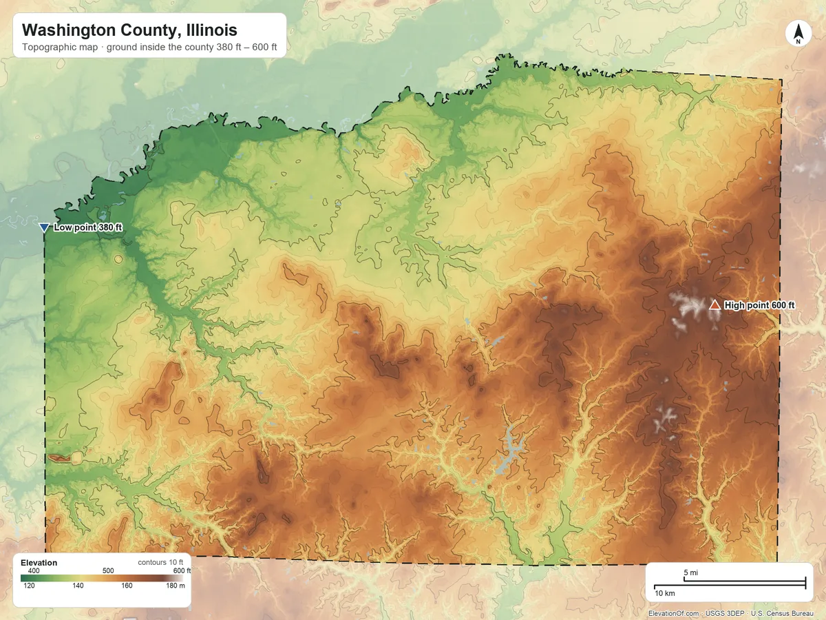Topographic elevation map of Washington County, Illinois, shaded from 380 ft on the west side to 600 ft on the east side