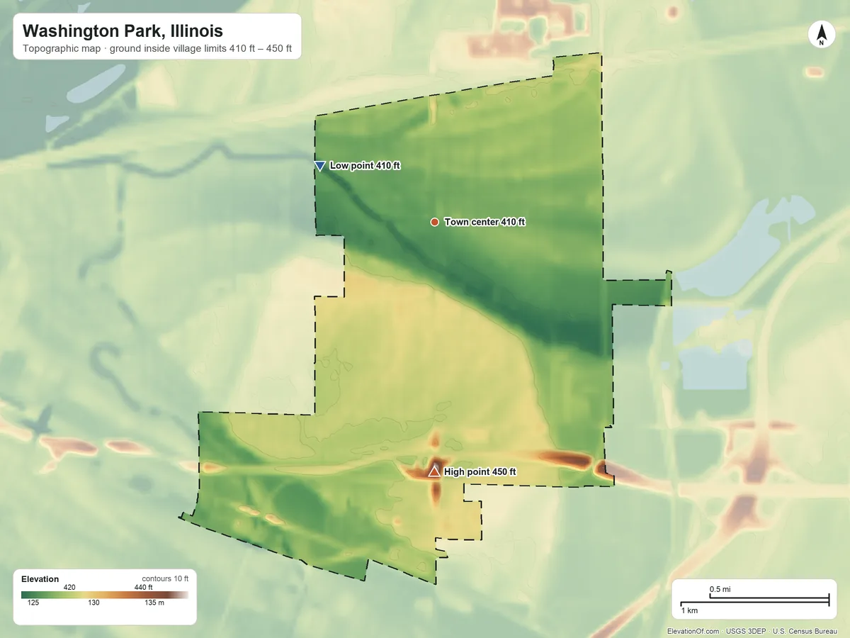 Topographic elevation map of Washington Park, Illinois, shaded from 410 ft on the northwest side to 450 ft on the south side