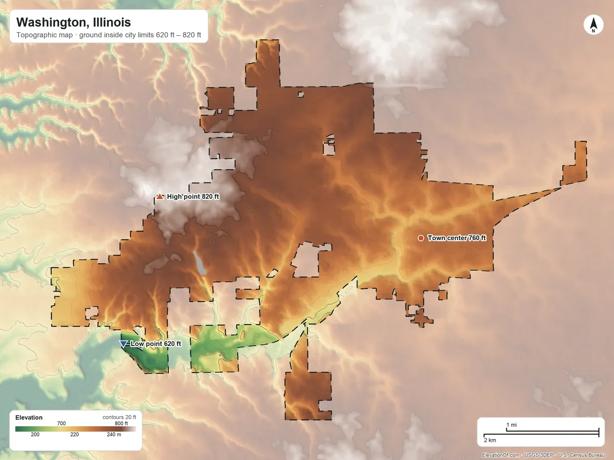 Topographic elevation map of Washington, Illinois, shaded from 620 ft on the west side to 820 ft on the west side