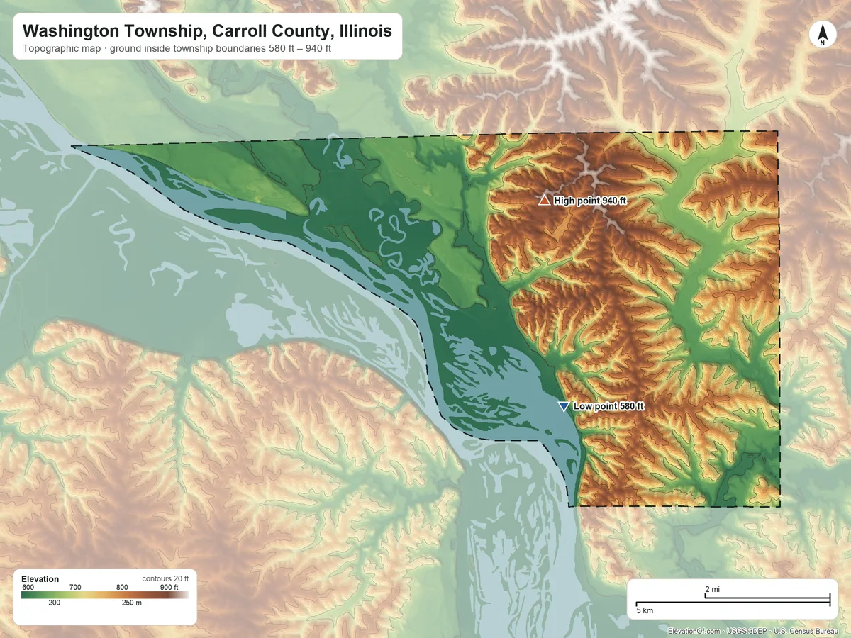 Topographic elevation map of Washington Township, Carroll County, Illinois, shaded from 580 ft near the middle to 940 ft on the north side