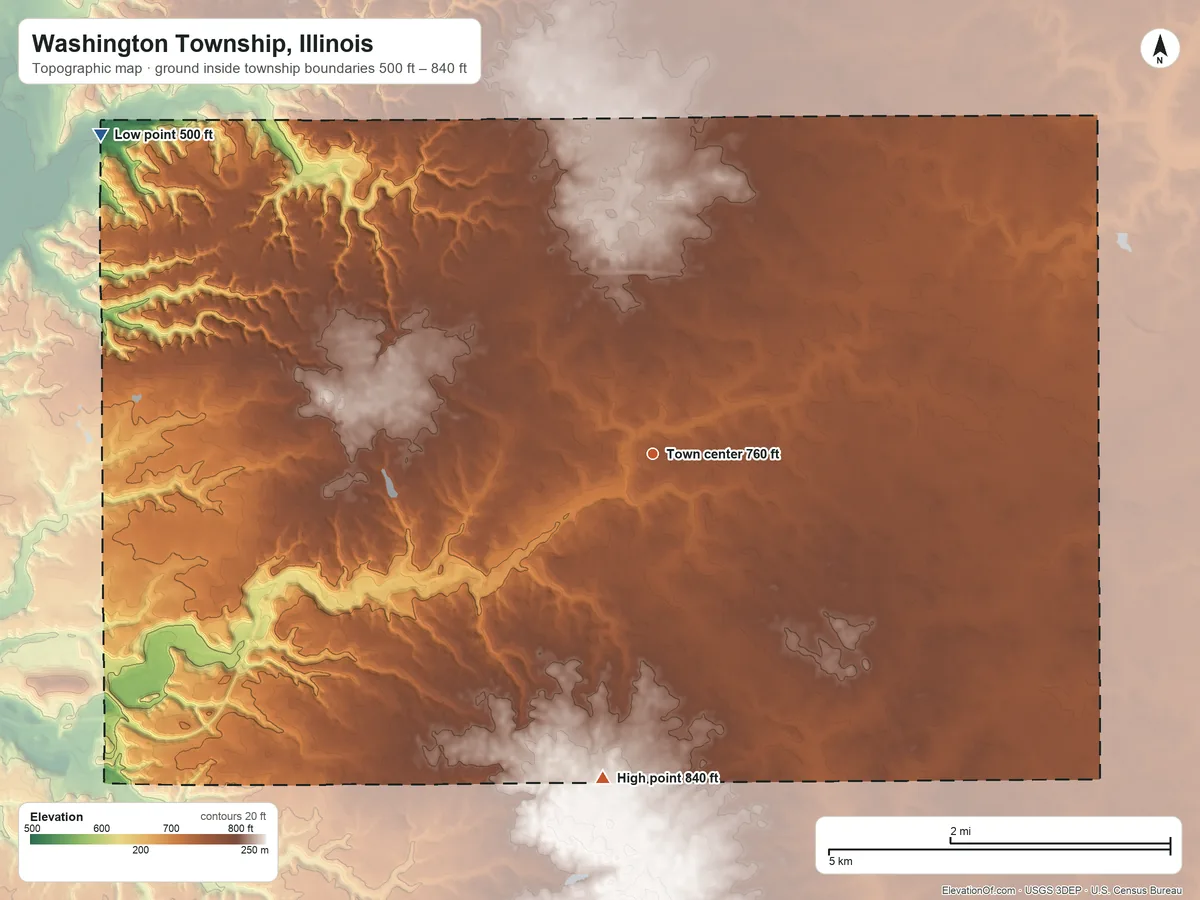 Topographic elevation map of Washington Township, Illinois, shaded from 500 ft on the northwest side to 840 ft on the south side