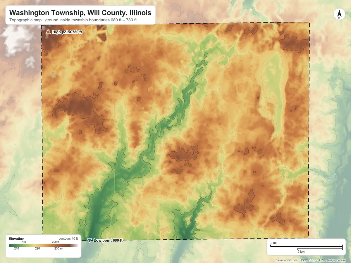 Topographic elevation map of Washington Township, Will County, Illinois, shaded from 680 ft on the southwest side to 780 ft on the northwest side