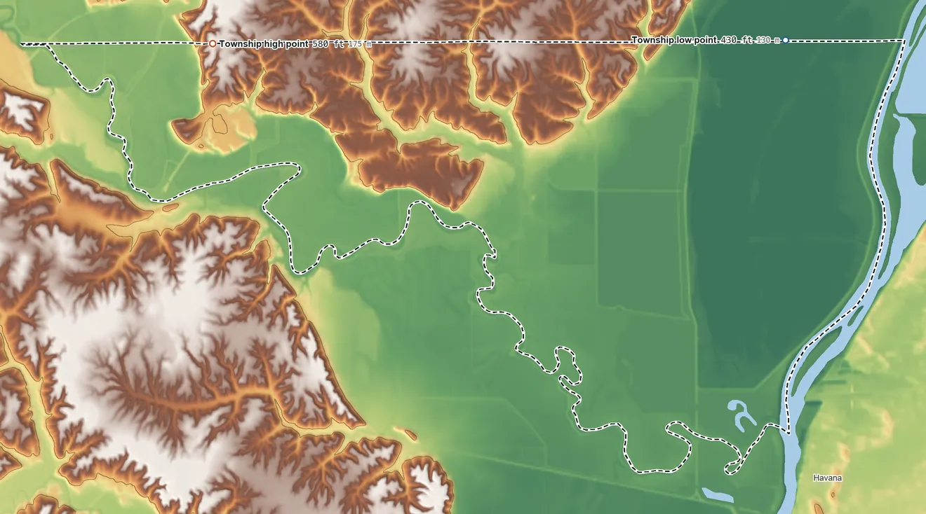 Topographic elevation map of Waterford Township, Illinois, shaded from 430 ft on the east side to 580 ft on the northwest side