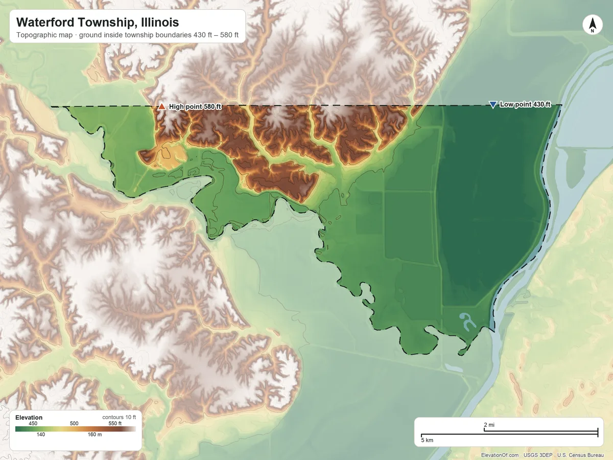 Topographic elevation map of Waterford Township, Illinois, shaded from 430 ft on the east side to 580 ft on the northwest side