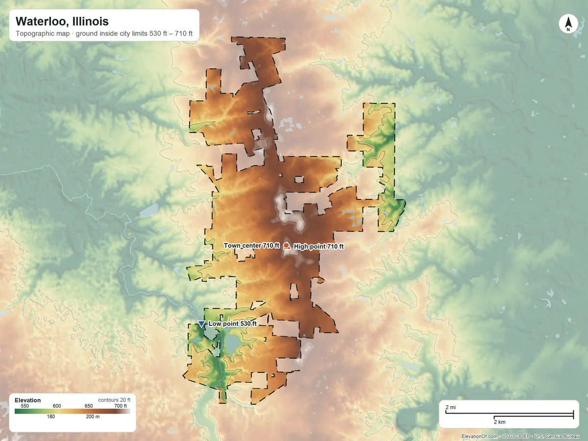 Topographic elevation map of Waterloo, Illinois, shaded from 530 ft on the southwest side to 710 ft near the middle