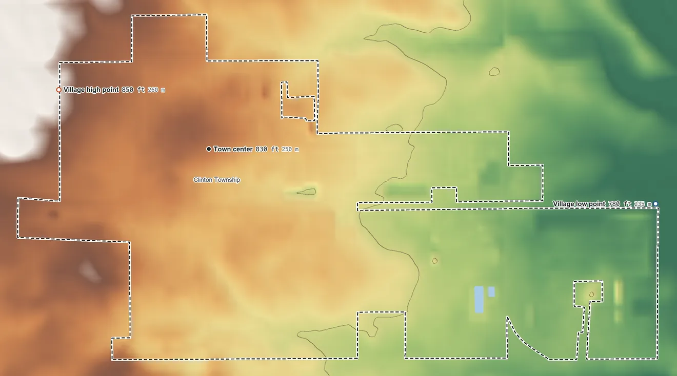 Topographic elevation map of Waterman, Illinois, shaded from 780 ft on the east side to 850 ft on the west side