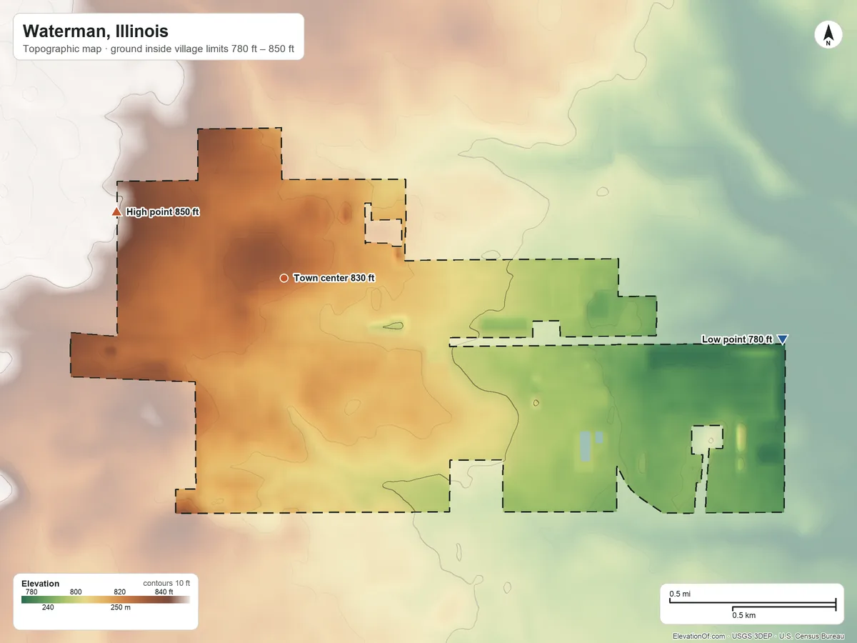 Topographic elevation map of Waterman, Illinois, shaded from 780 ft on the east side to 850 ft on the west side