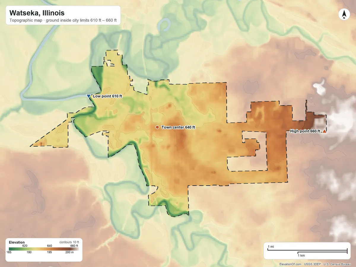 Topographic elevation map of Watseka, Illinois, shaded from 610 ft on the northwest side to 660 ft on the east side